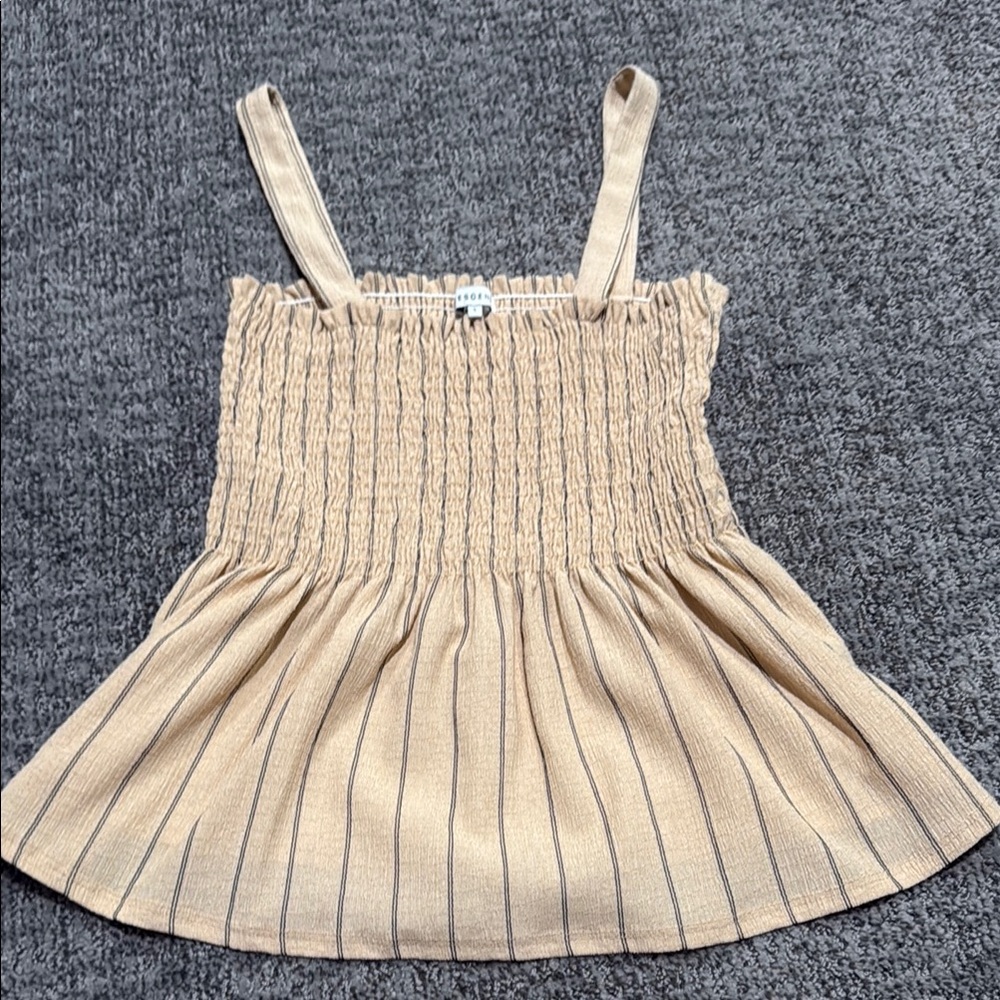 Beige Striped Smocked Tank Top